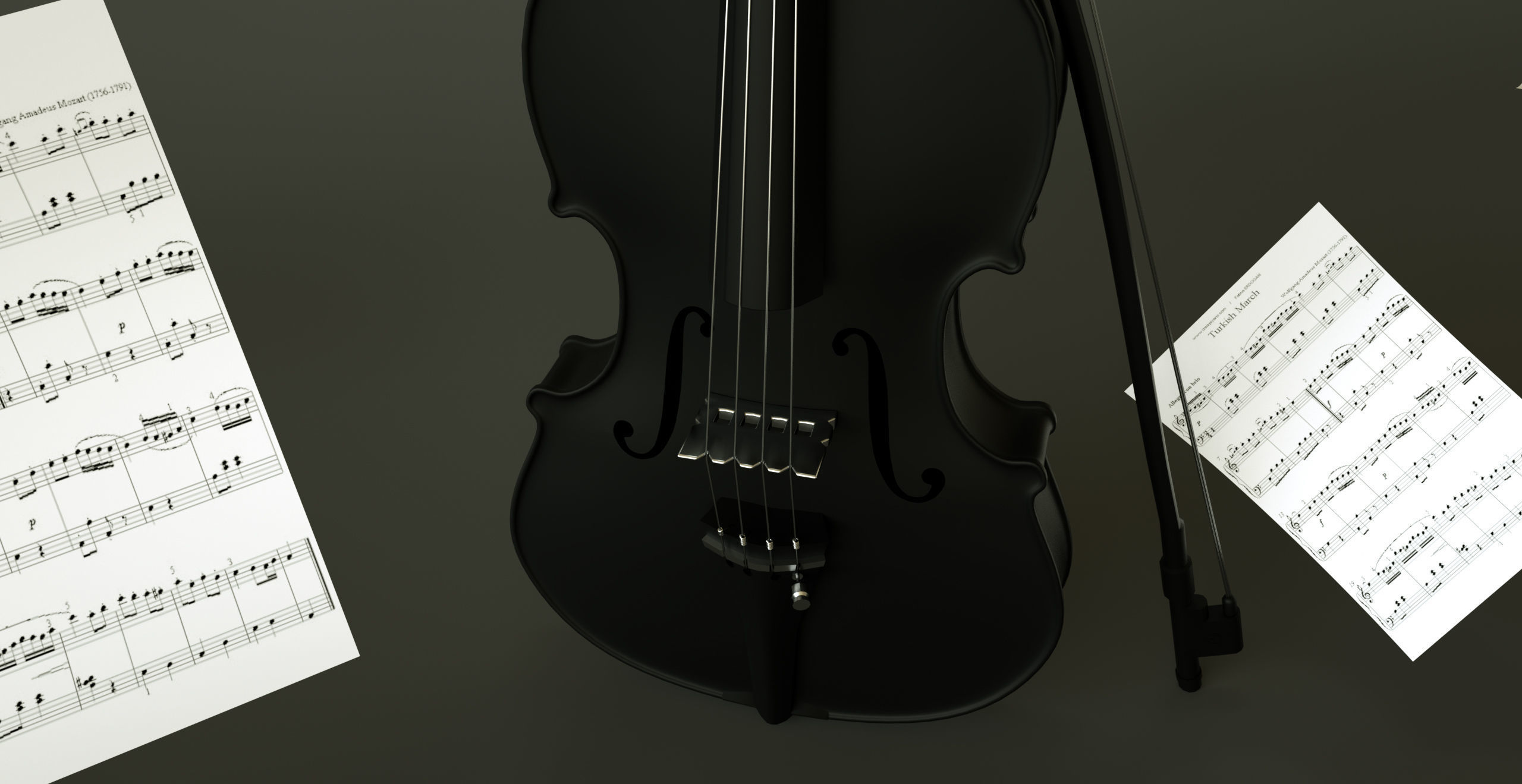 Violin 3D Model with music sheets floating in air Low-poly 3D model_3