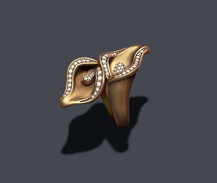 Calla Lily ring with gems 3D print model_3