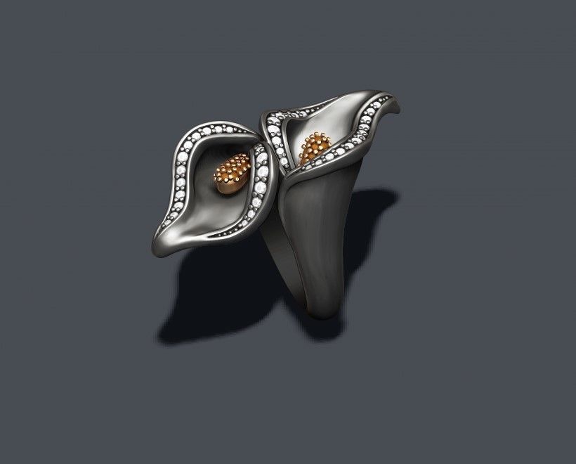 Calla Lily ring with gems 3D print model_4