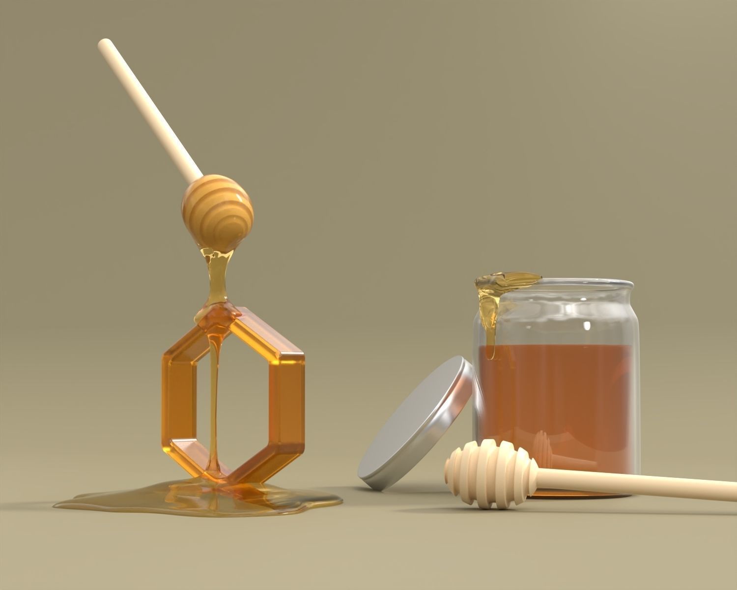 Honey Bottle and Honey Dipper Model 3D model_1