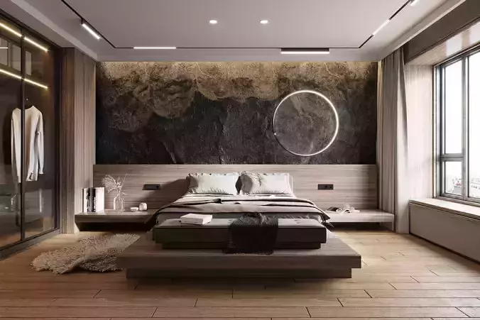 Bedroom modern with wood floors and stone wall 3D model