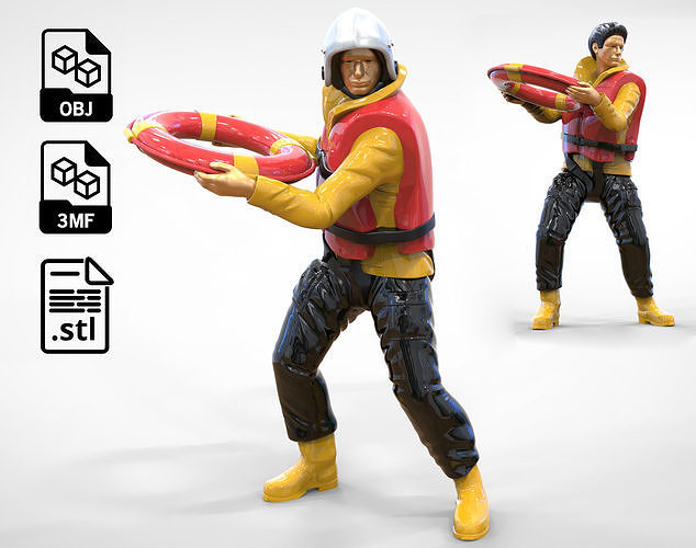 N4 Lifeboat Crew Volunteer RNLI Rescue crew throwing lifebuoy 3D print model