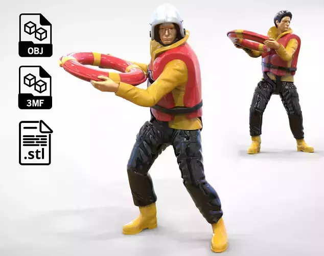 N4 Lifeboat Crew Volunteer RNLI Rescue crew throwing lifebuoy 3D print model