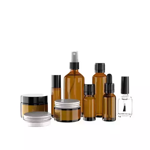 Set of glass and aluminium bottles and jars for cosmetics