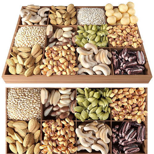 Nuts set in wooden tray 3D model