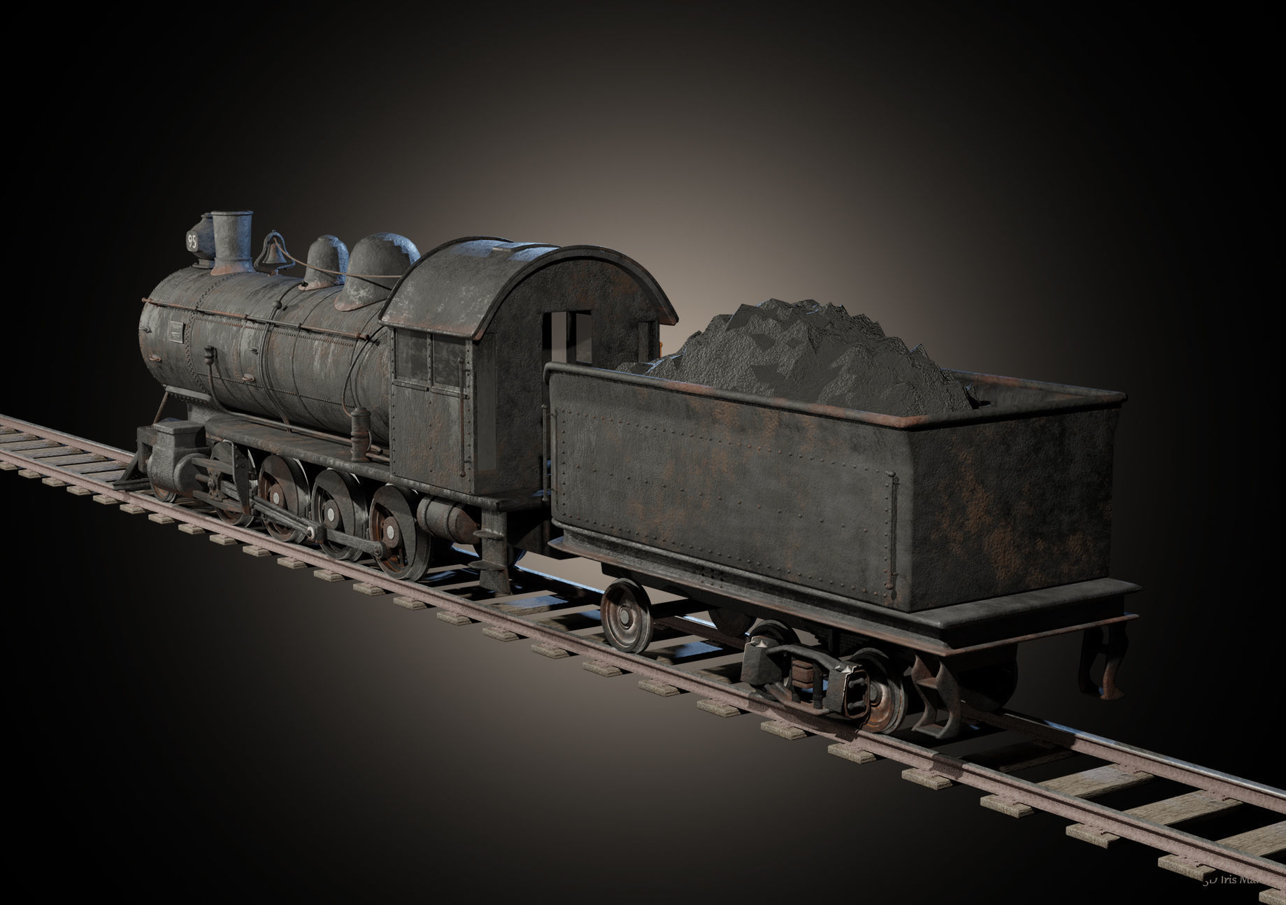Old train locomotive and wagon 3D model_2