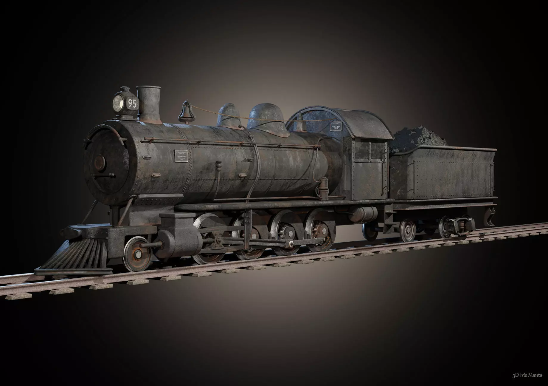 Old train locomotive and wagon 3D model_0