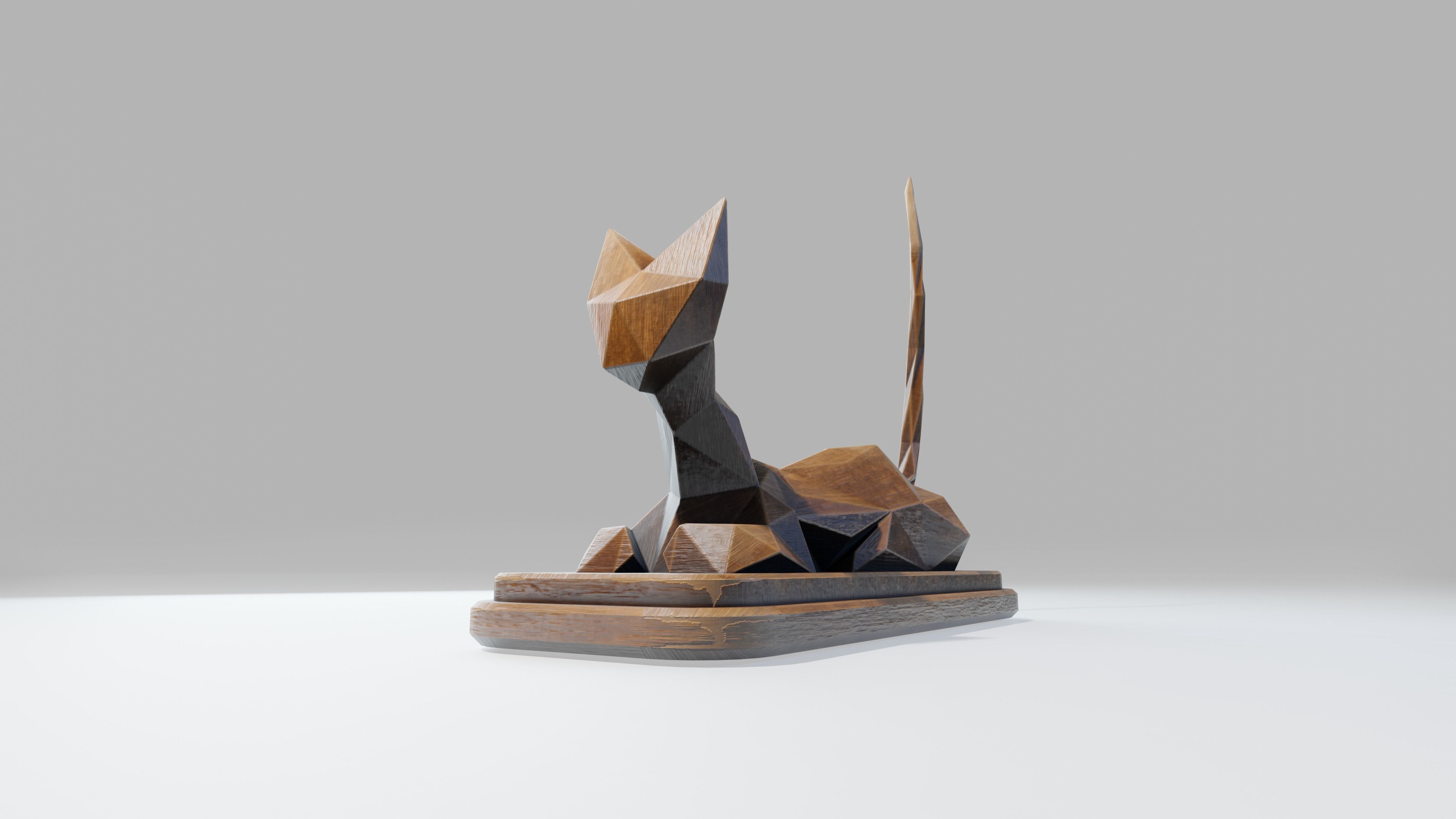 Wooden Cat Statue Low-poly 3D model_7