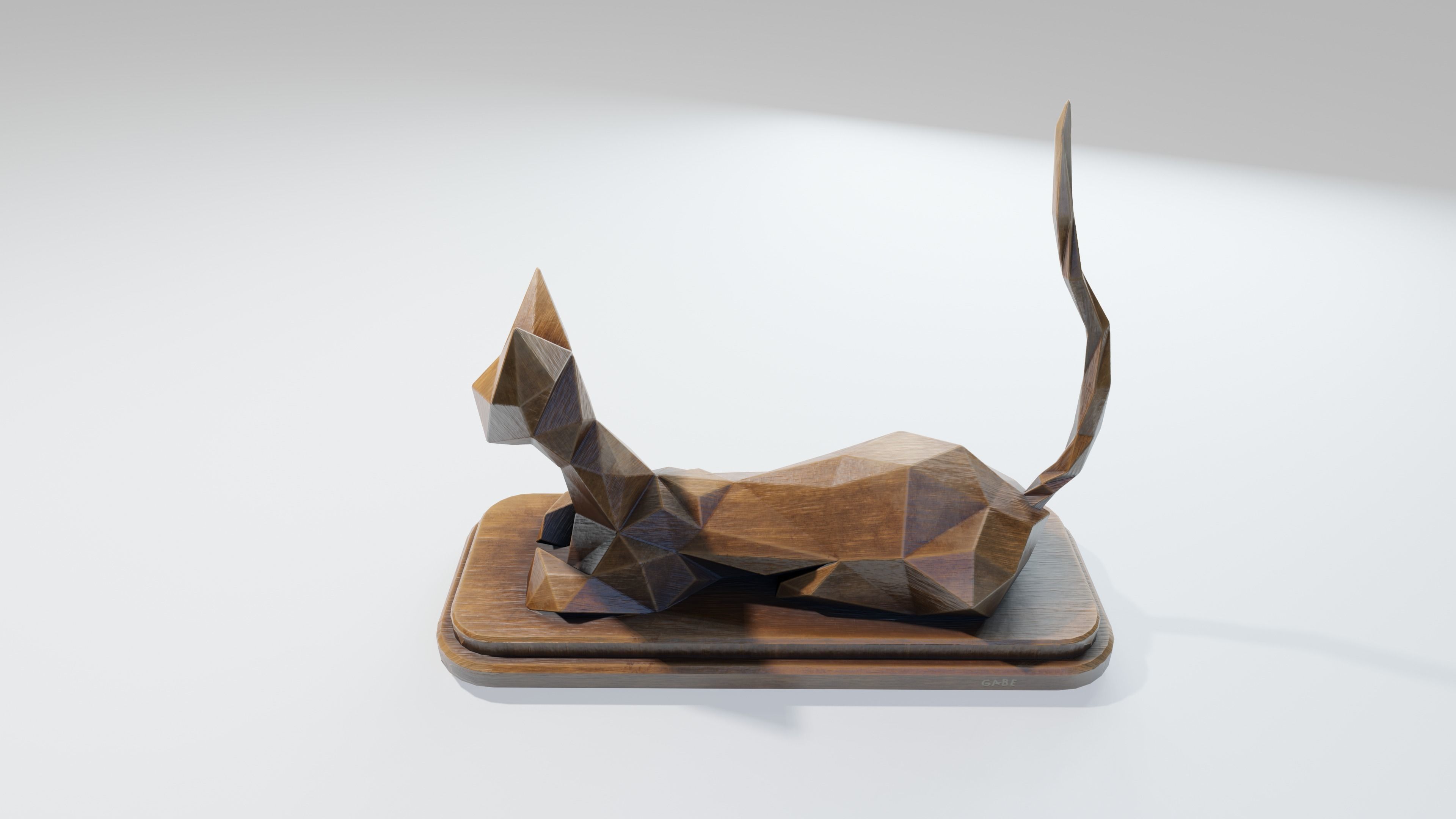 Wooden Cat Statue Low-poly 3D model_8