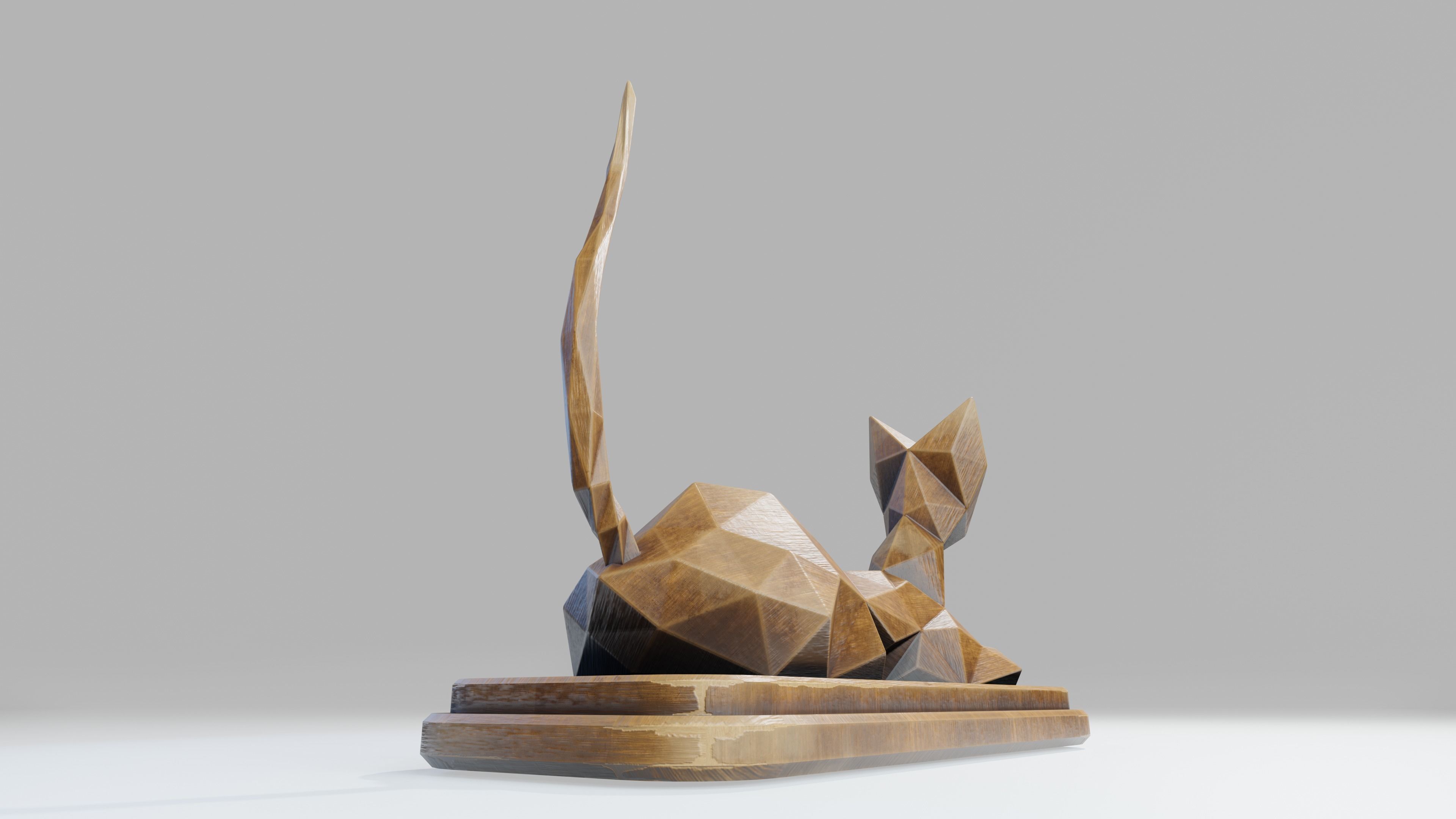 Wooden Cat Statue Low-poly 3D model_14