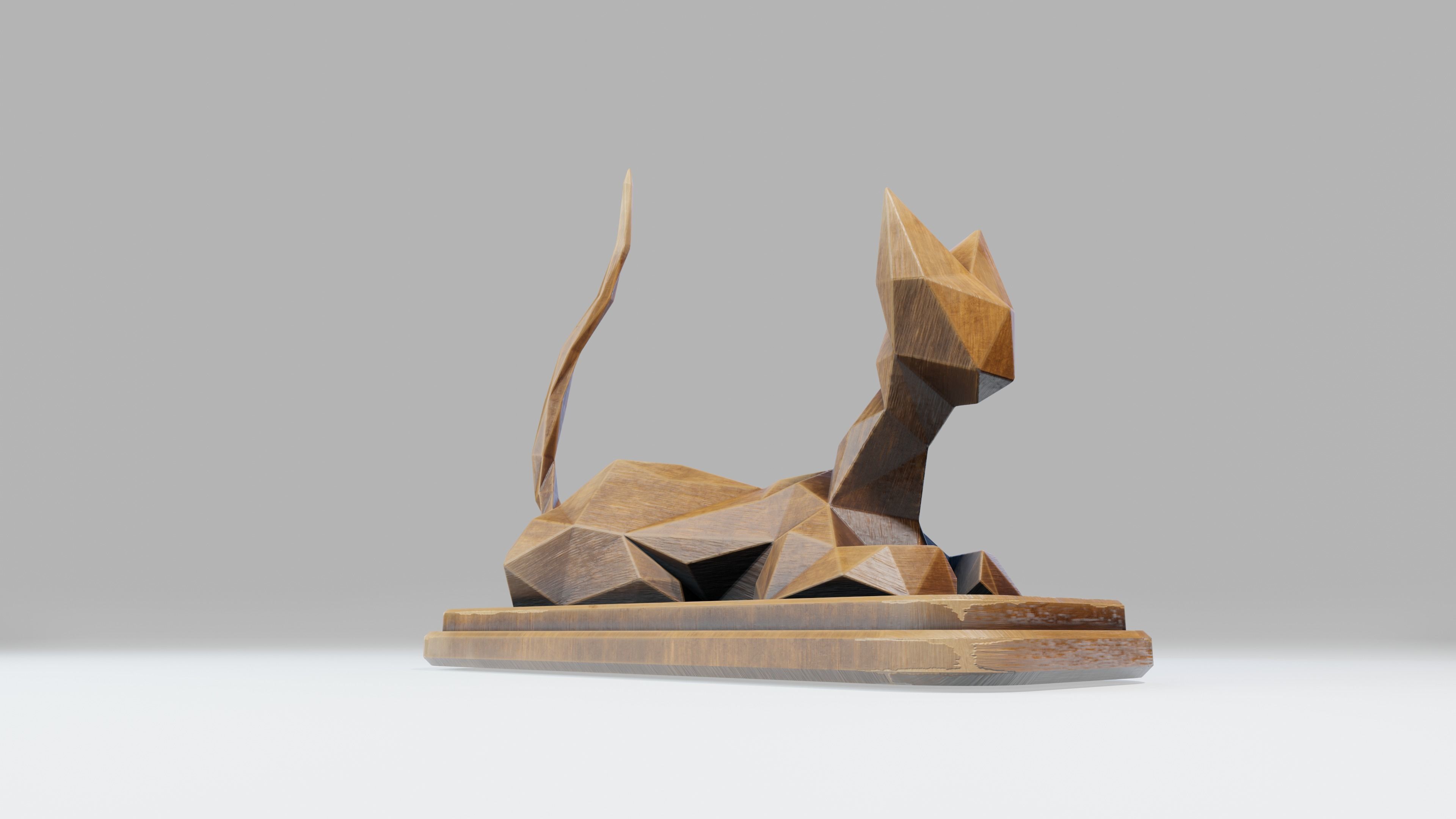Wooden Cat Statue Low-poly 3D model_9