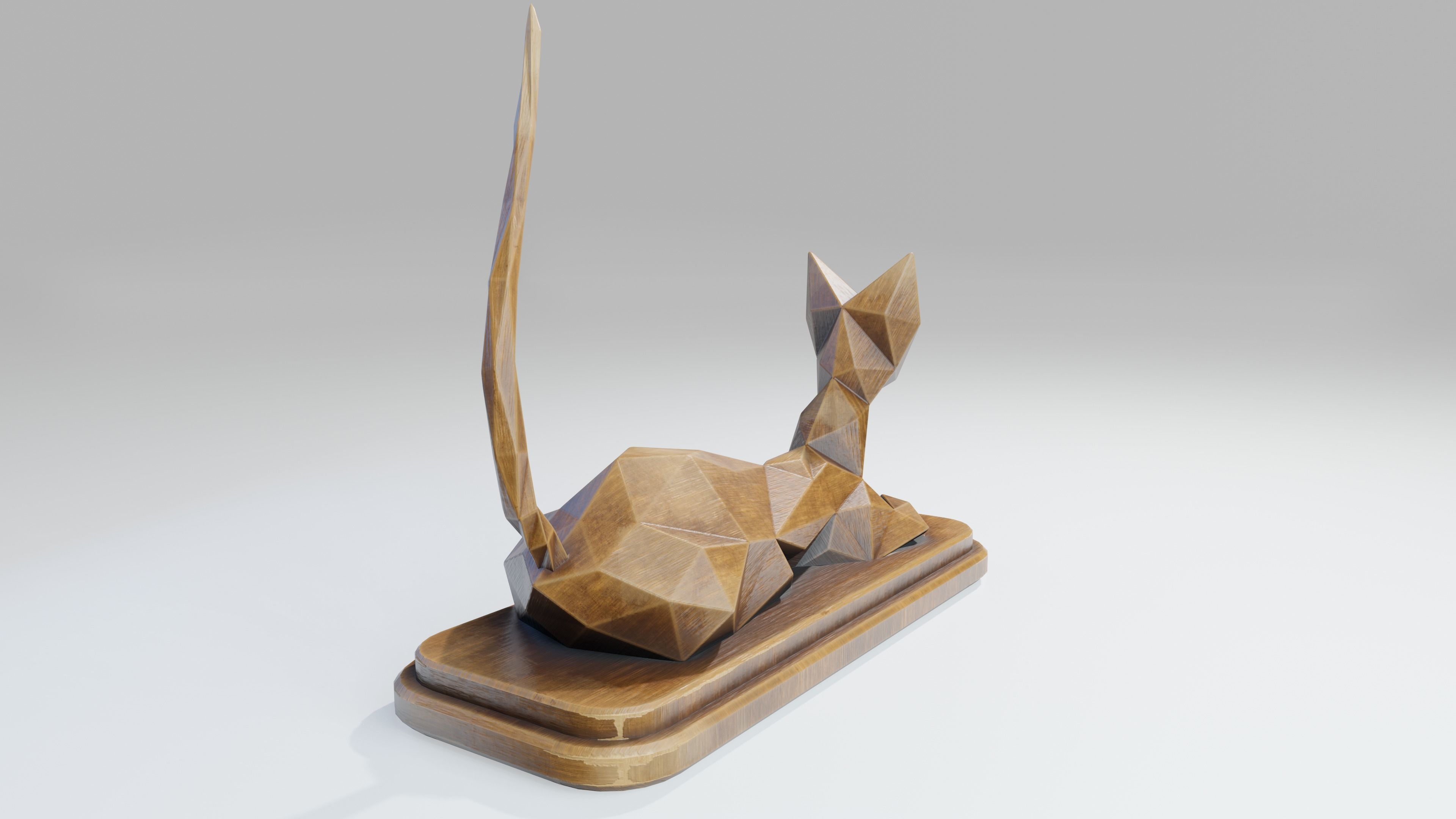 Wooden Cat Statue Low-poly 3D model_5