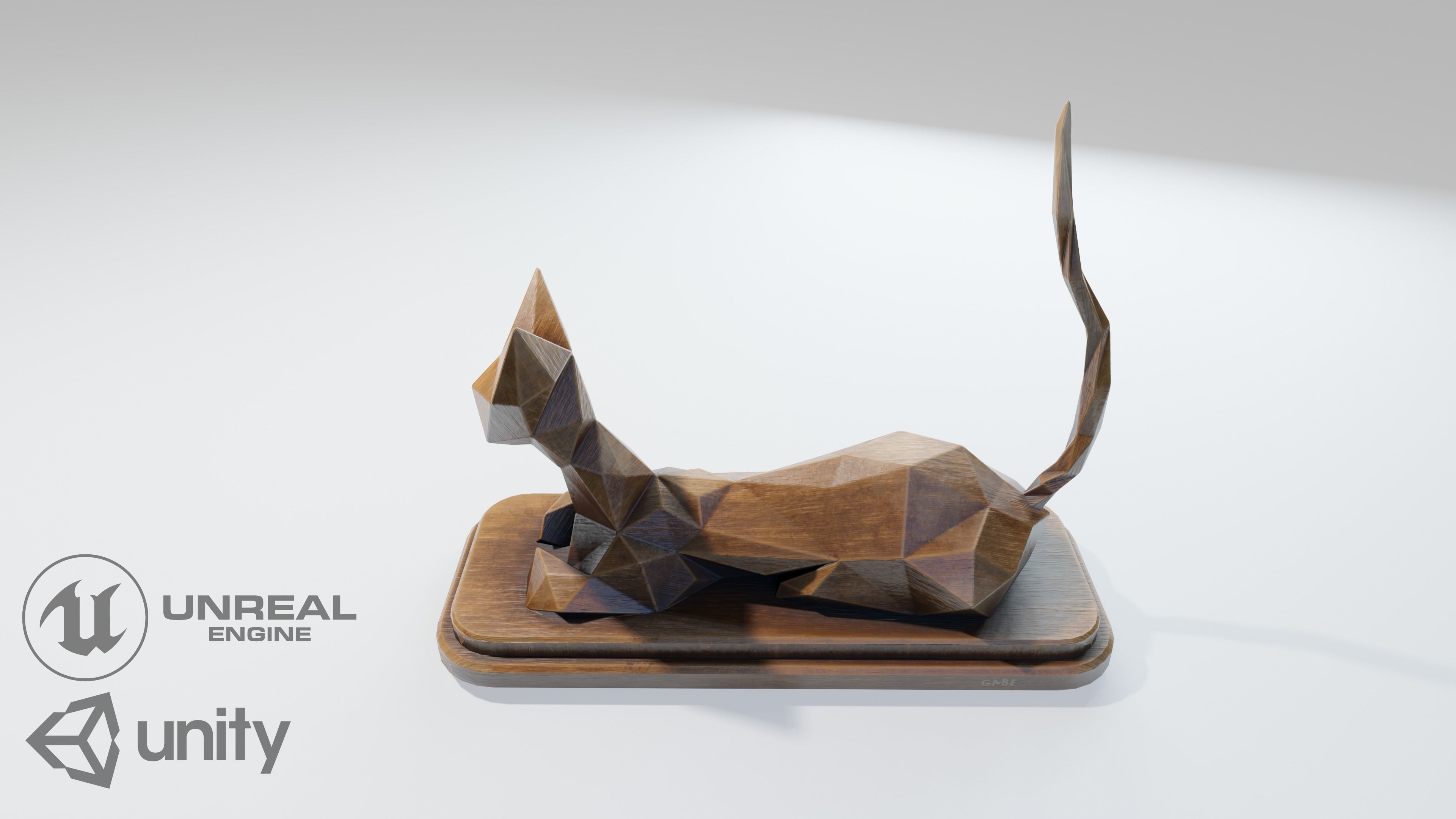 Wooden Cat Statue Low-poly 3D model_1