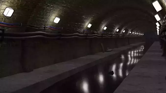 Culvert tunnel with lights and pipes