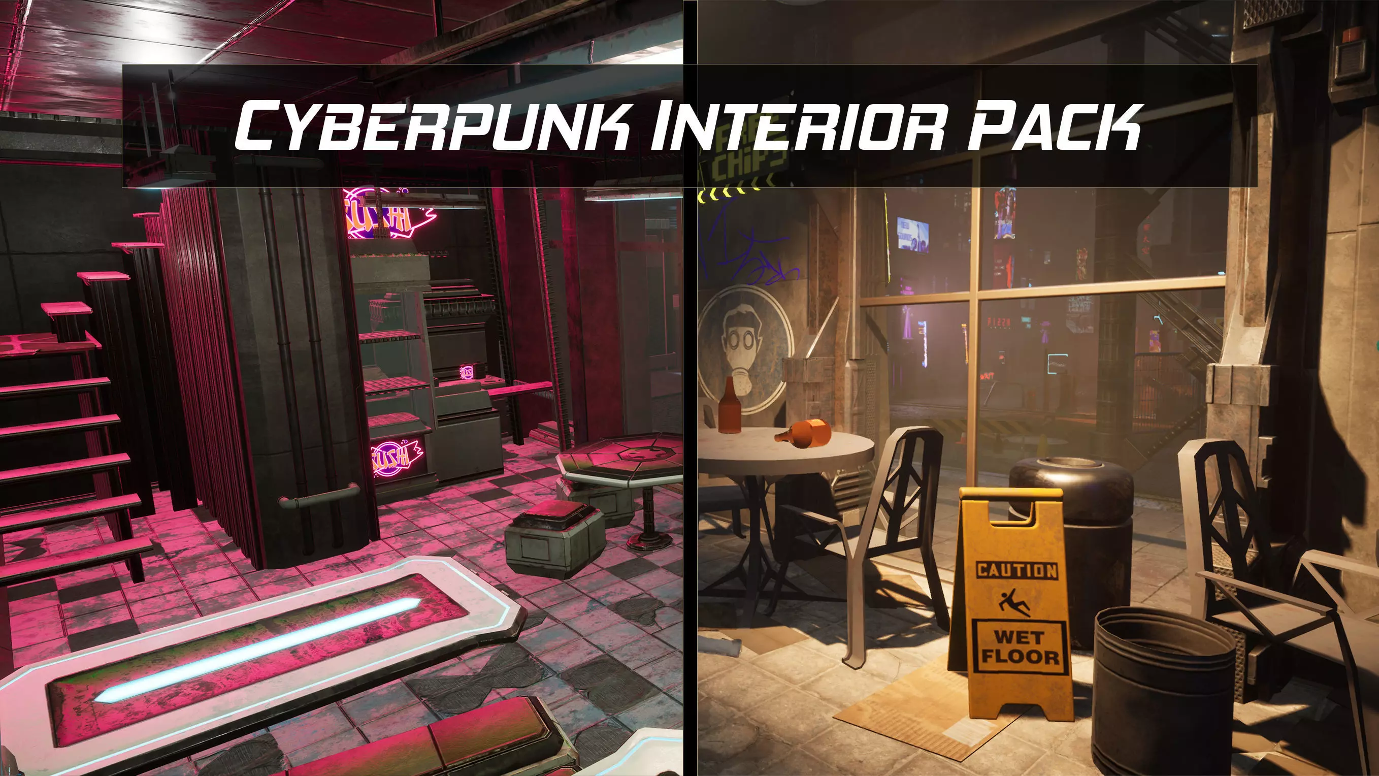 Cyberpunk Sushi Pizza Restaurant Interior Pack BillBoards  Low-poly 3D model_0