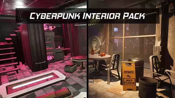 Cyberpunk Sushi Pizza Restaurant Interior Pack BillBoards  Low-poly 3D model