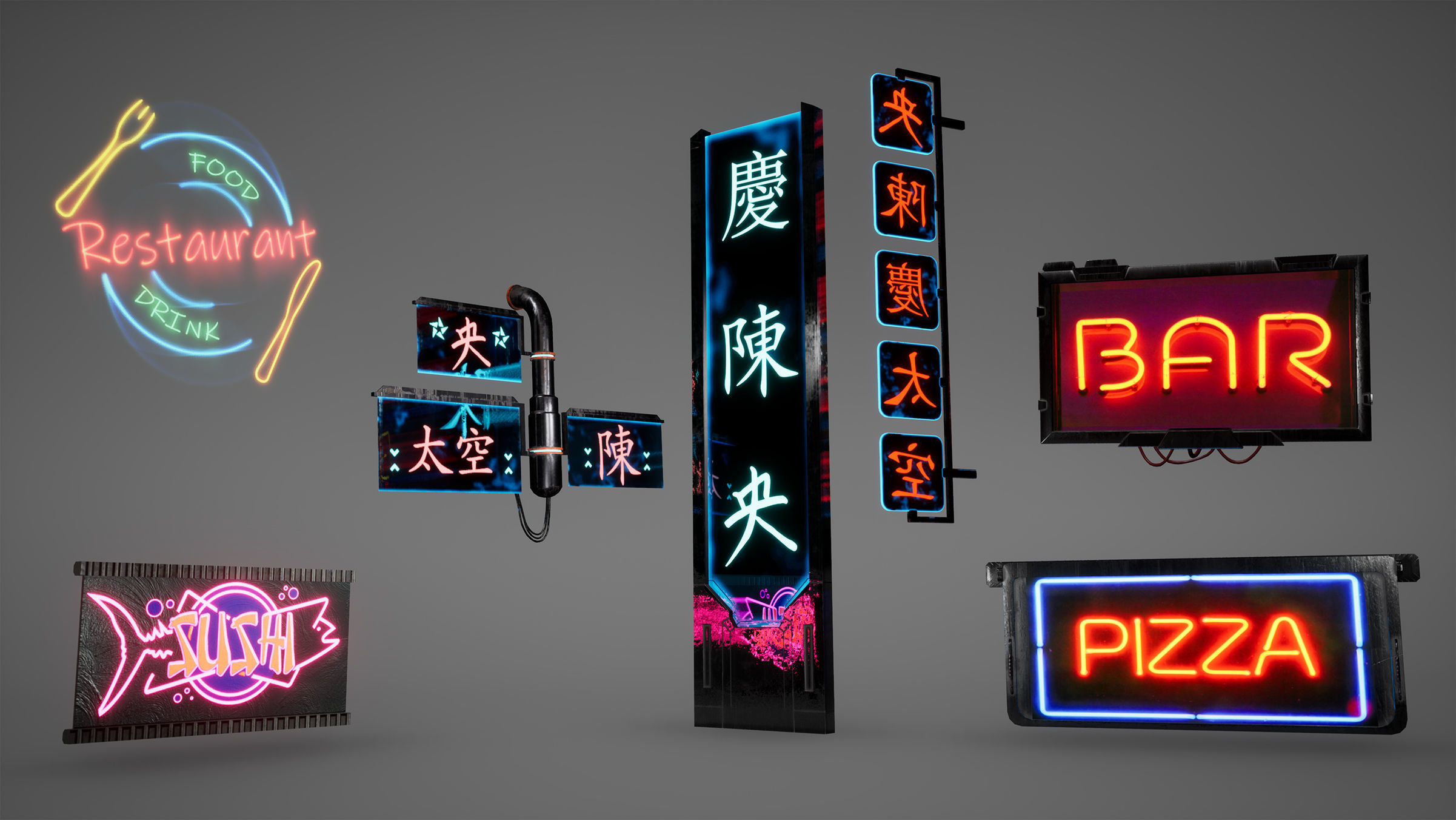 Cyberpunk Sushi Pizza Restaurant Interior Pack BillBoards  Low-poly 3D model_20