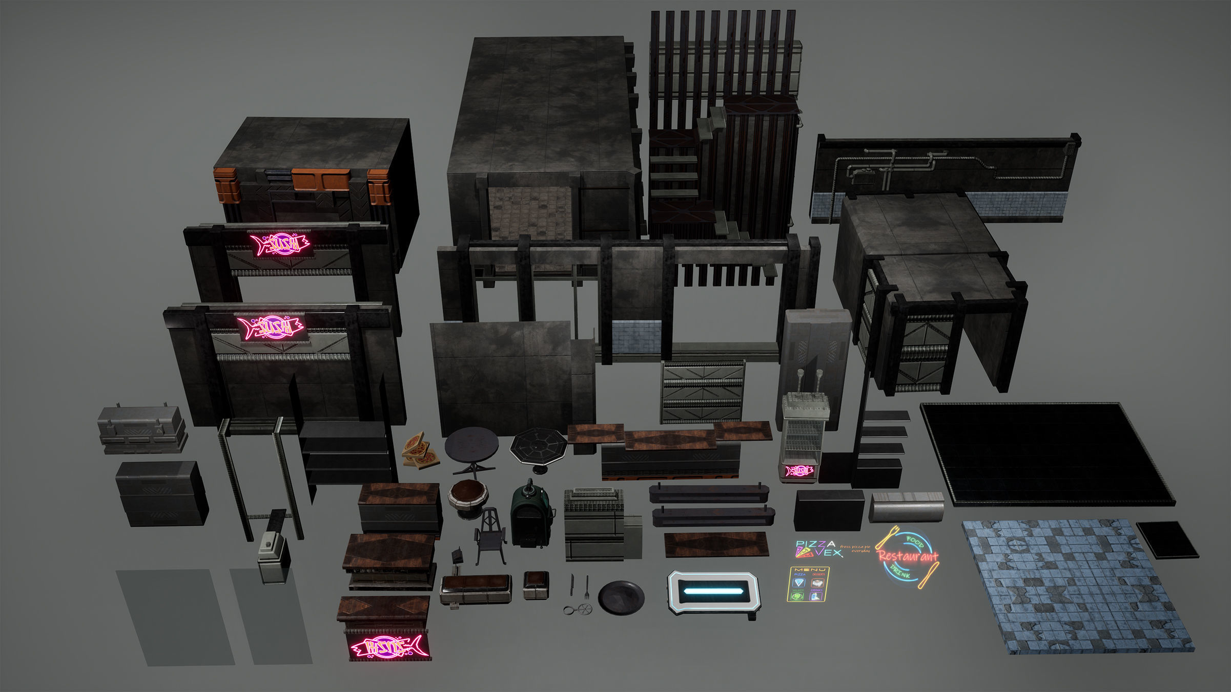 Cyberpunk Sushi Pizza Restaurant Interior Pack BillBoards  Low-poly 3D model_28
