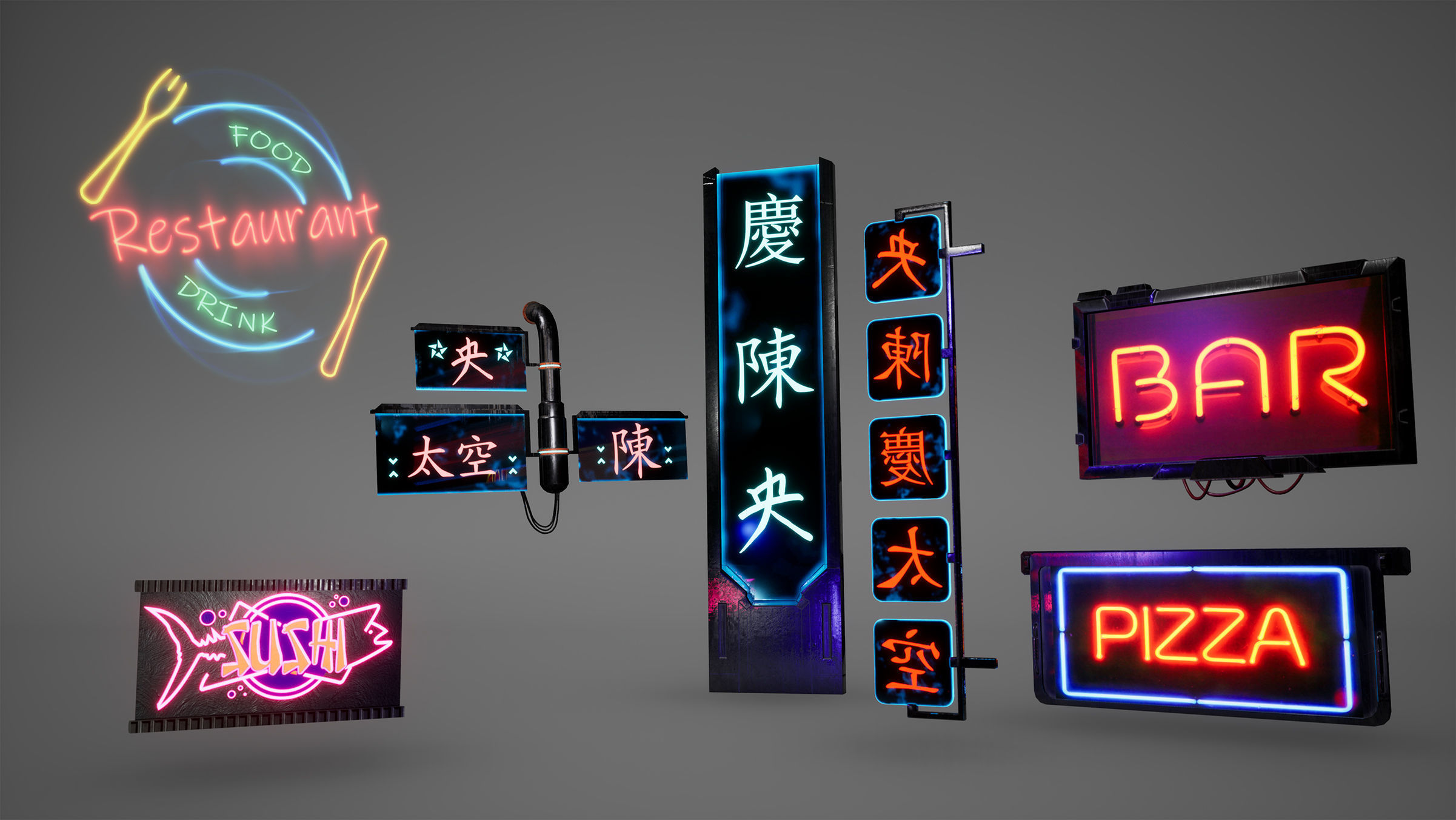 Cyberpunk Sushi Pizza Restaurant Interior Pack BillBoards  Low-poly 3D model_1