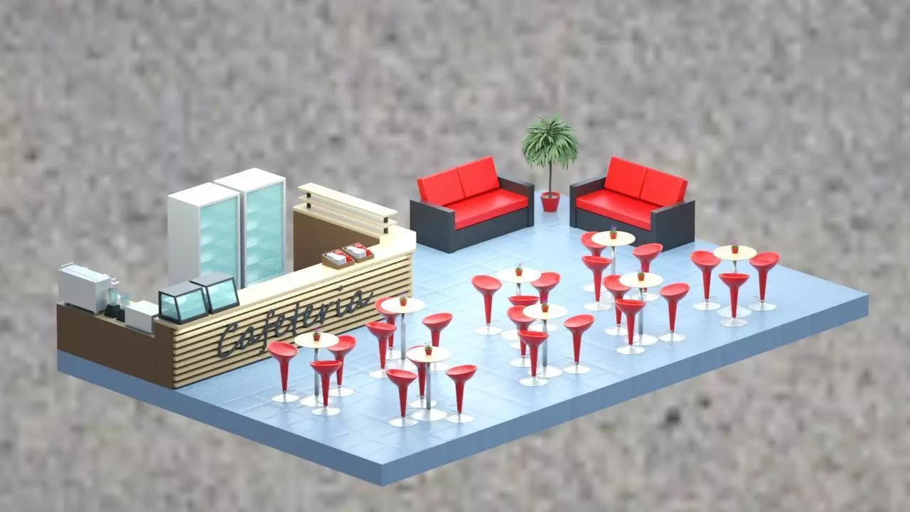 Low-poly isometric cafe zone with seats Low-poly 3D model_0