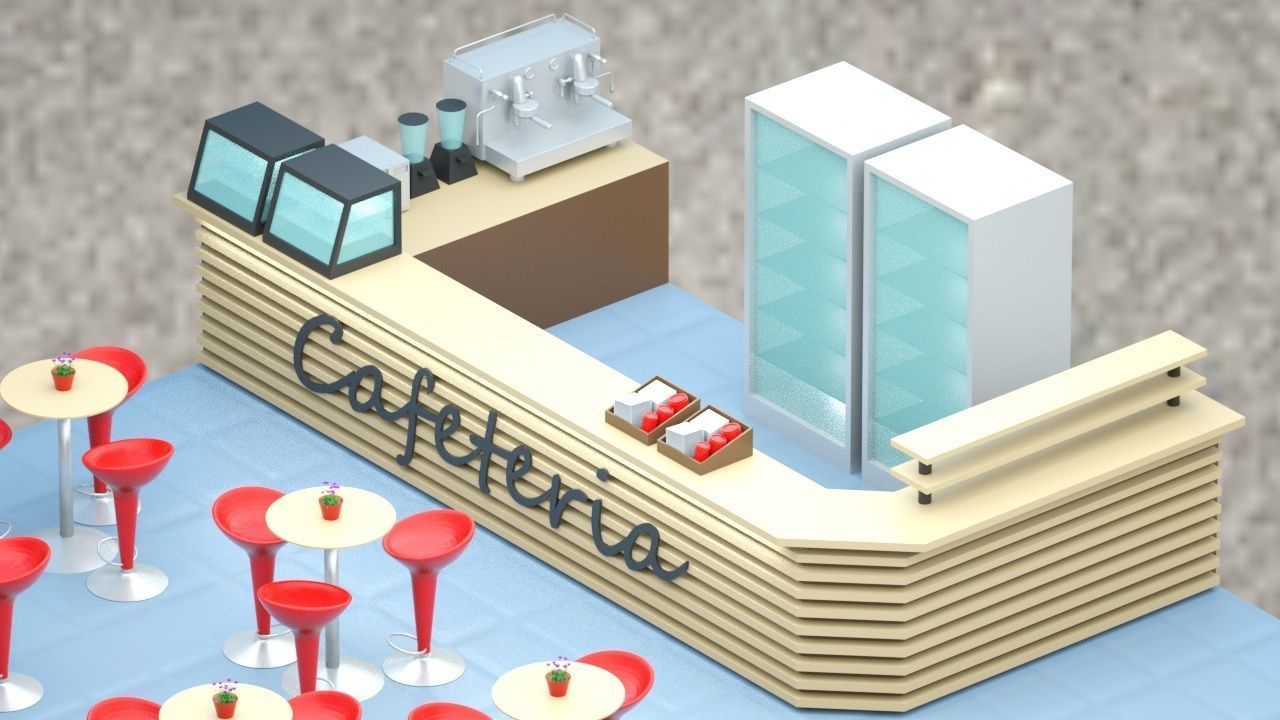 Low-poly isometric cafe zone with seats Low-poly 3D model_2