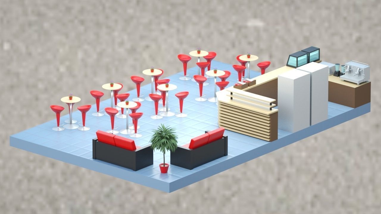 Low-poly isometric cafe zone with seats Low-poly 3D model_1