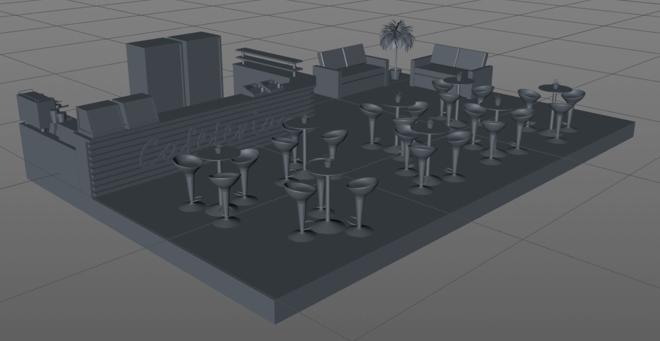 Low-poly isometric cafe zone with seats Low-poly 3D model_5