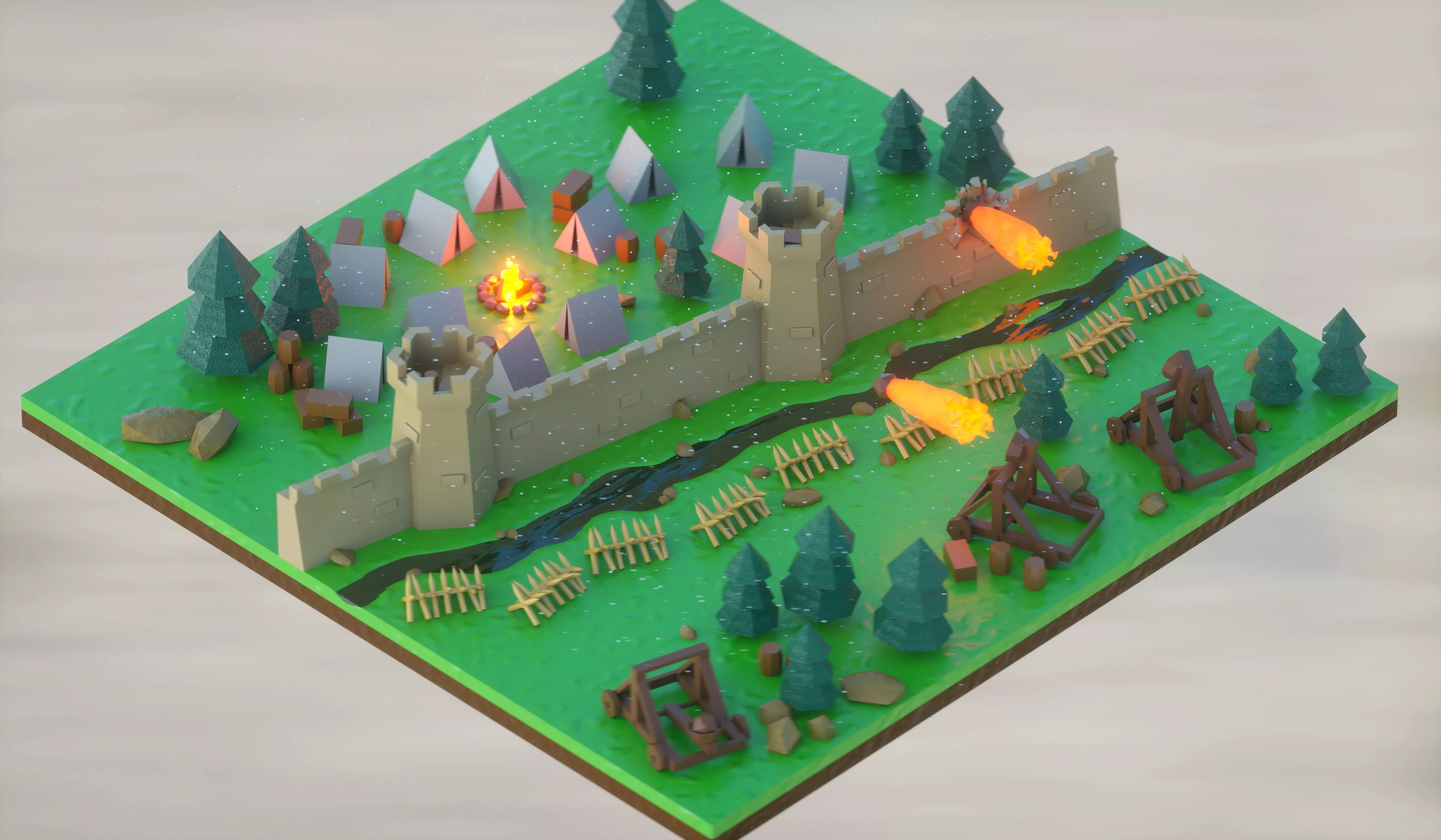Isometric low-poly medieval castle wall Low-poly 3D model