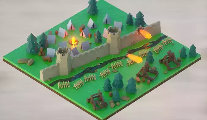 Isometric low-poly medieval castle wall