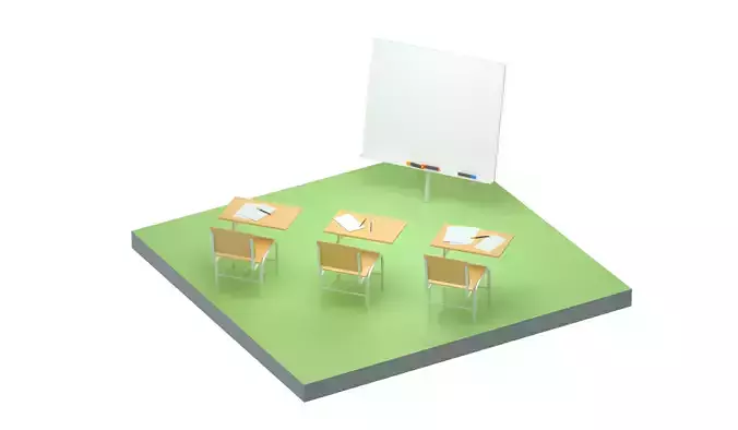 3D Low-poly isometric classroom with seats and stuff
