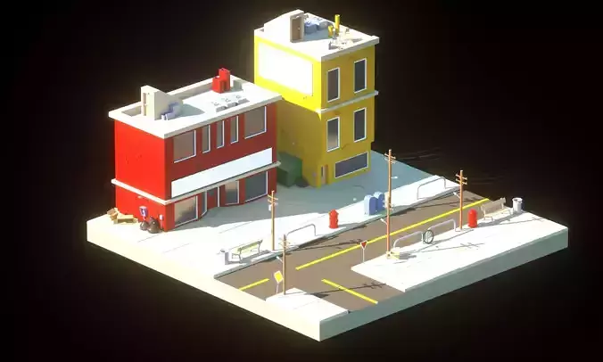 3D Low-poly town street