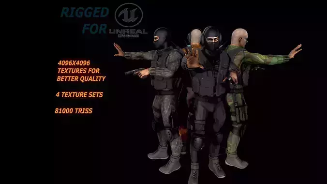 Lowpoly soldier comandos multi texture set Free low-poly 3D model