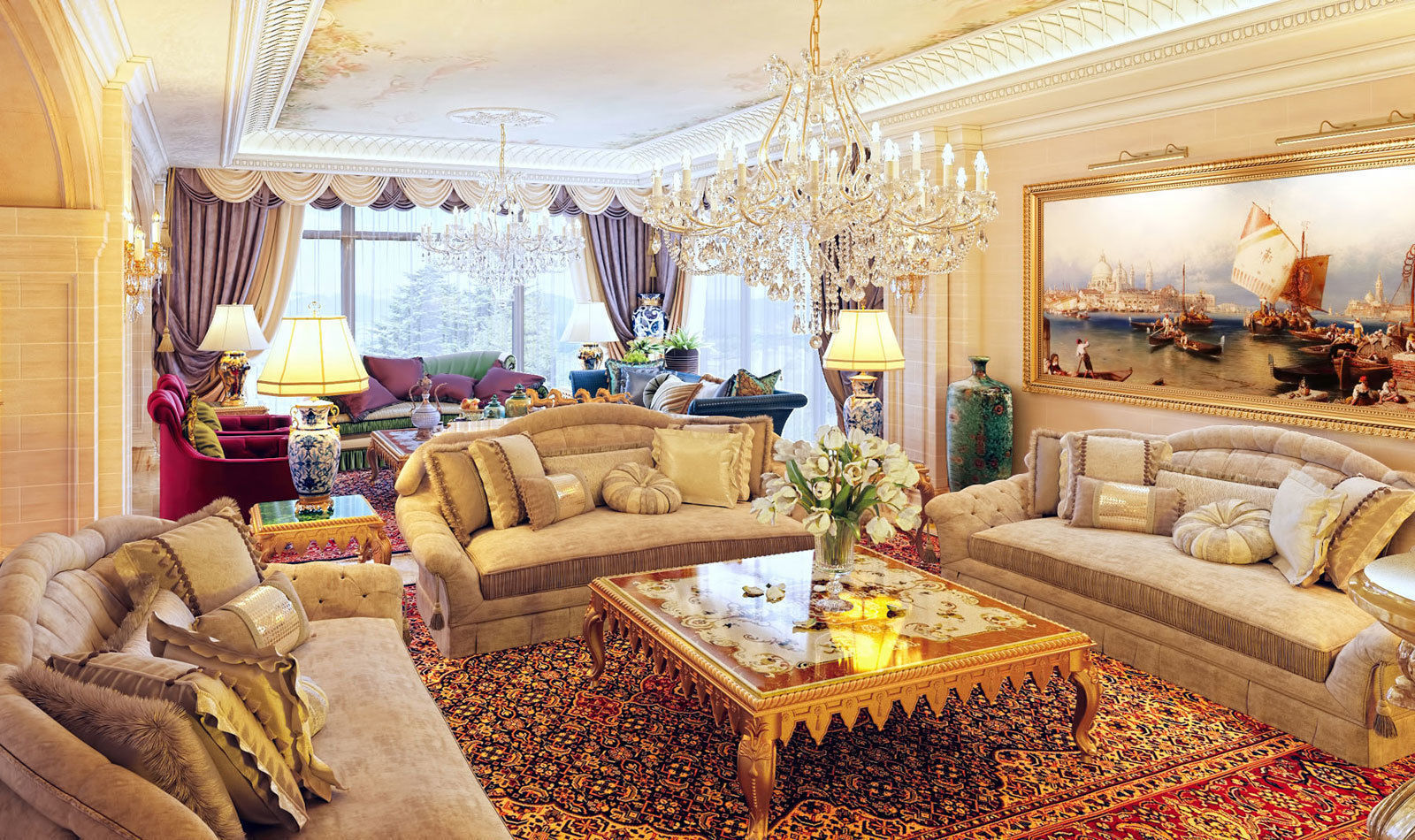 A classic big picture in a carved golden frame 3D model_1