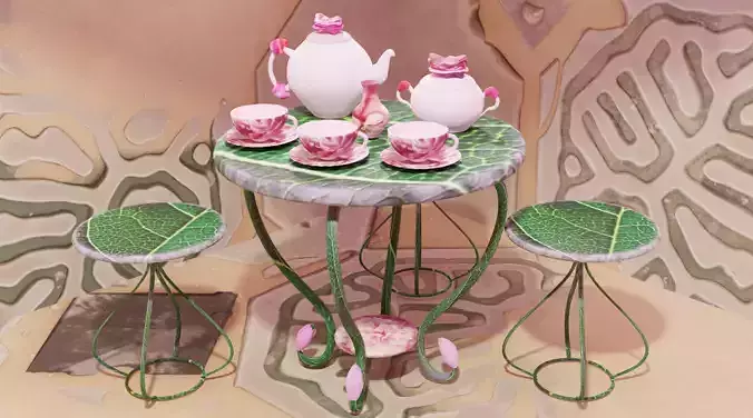 A set of furniture f set of tea accessories for a summer cafe