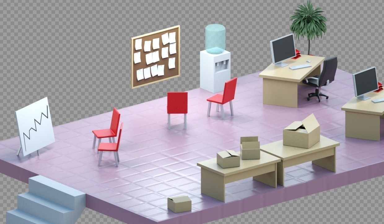Isometric low-poly office interior floor plan Low-poly 3D model_1
