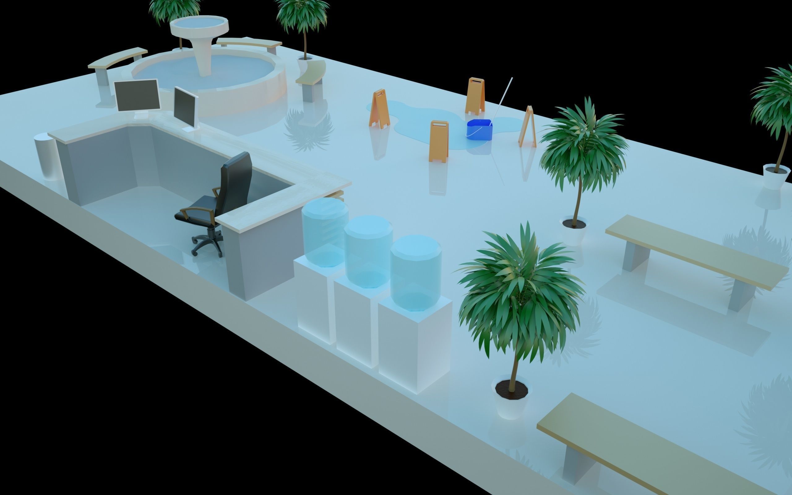 Low-poly isometric Lobby of a shopping mall Low-poly 3D model_2