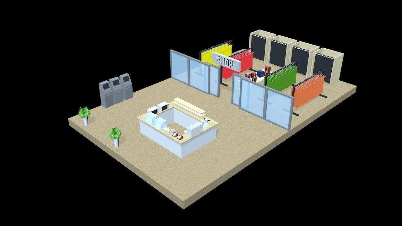 Low-poly isometric shopping mall floor clothes shop and a cafe Low-poly 3D model_4