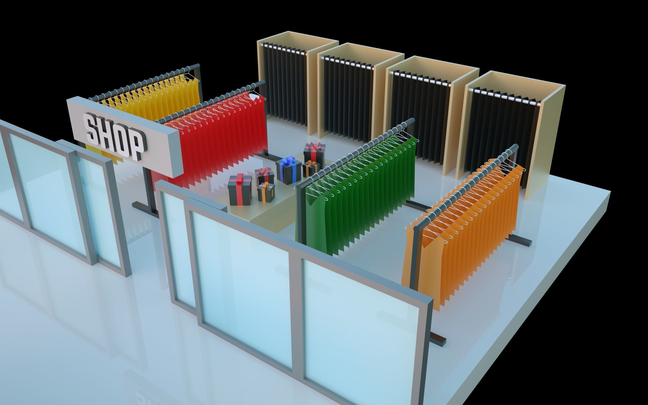 Low-poly isometric shopping mall floor clothes shop and a cafe Low-poly 3D model_1