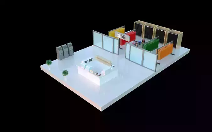 Low-poly isometric shopping mall floor clothes shop and a cafe