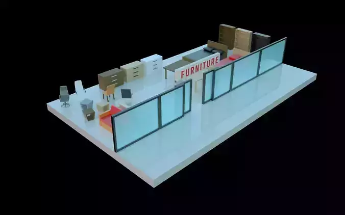 Low-poly isometric shopping mall floor with furniture shop