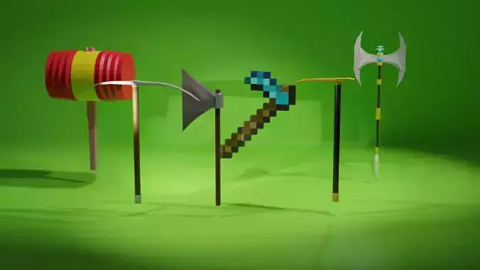 axe set minecraft axes and sticks Low-poly 3D model