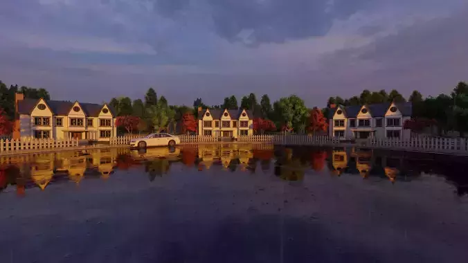 3D Neighborhood Model 4 village with houses and pond 3D model