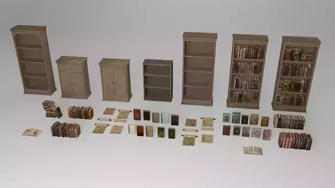 Old books - ancient bookcases and book shelfs - 46 items Low-poly 3D model