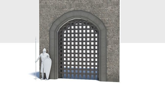 Medieval portcullis gate and winch animated Low-poly 3D model