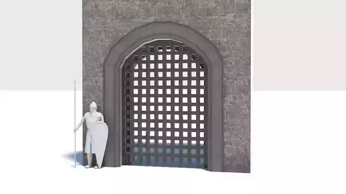 Medieval portcullis gate and winch animated Low-poly 3D model