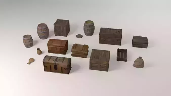 Medieval old containers boxes barrels jute bags and chests Low-poly 3D model