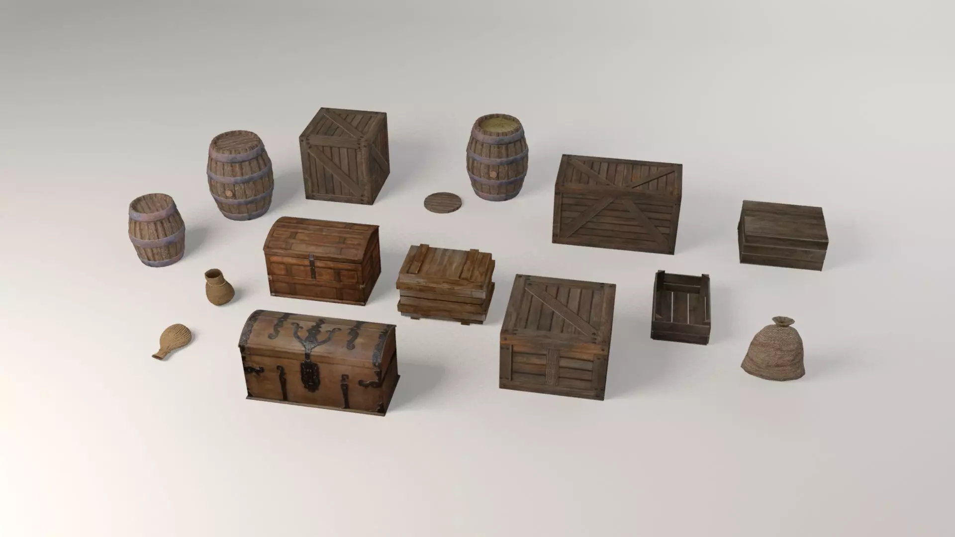 Medieval old containers boxes barrels jute bags and chests Low-poly 3D model