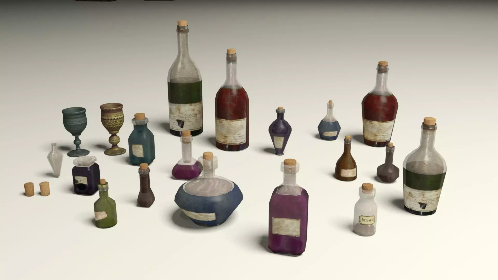 Magic alchemy potion and ampoules Low-poly 3D model