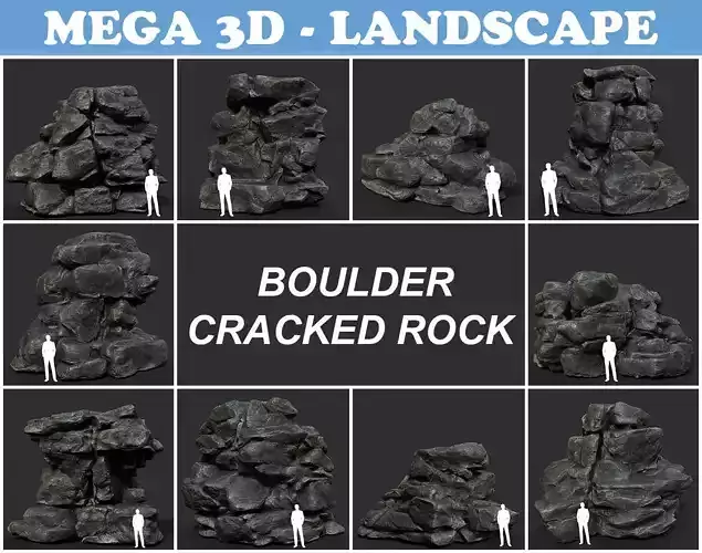 Black Boulder Cracked Rock Collection 210306 Low-poly 3D model