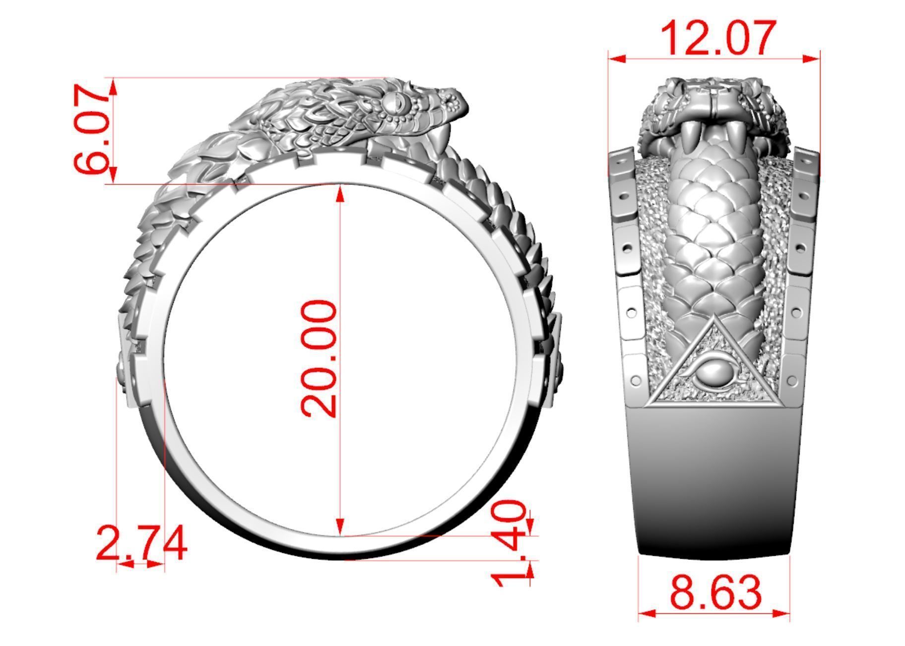 Ouroboros snake all seeing eye of masons ring 3D print model_12